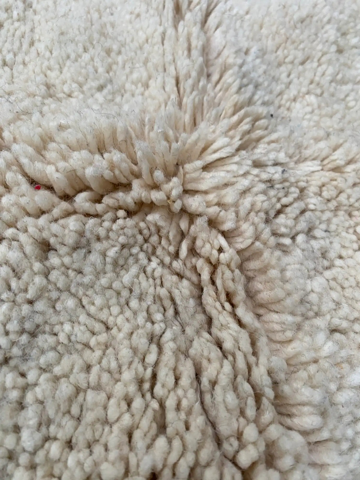 Extreme close-up of the thick, looped cream wool pile swirling around a small tuft