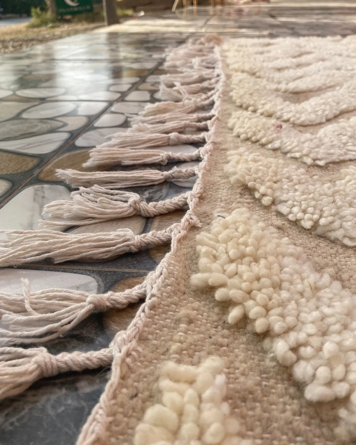 Cream Chevron Beni Ourain Rug, close-up of the hand-knotted wool pile