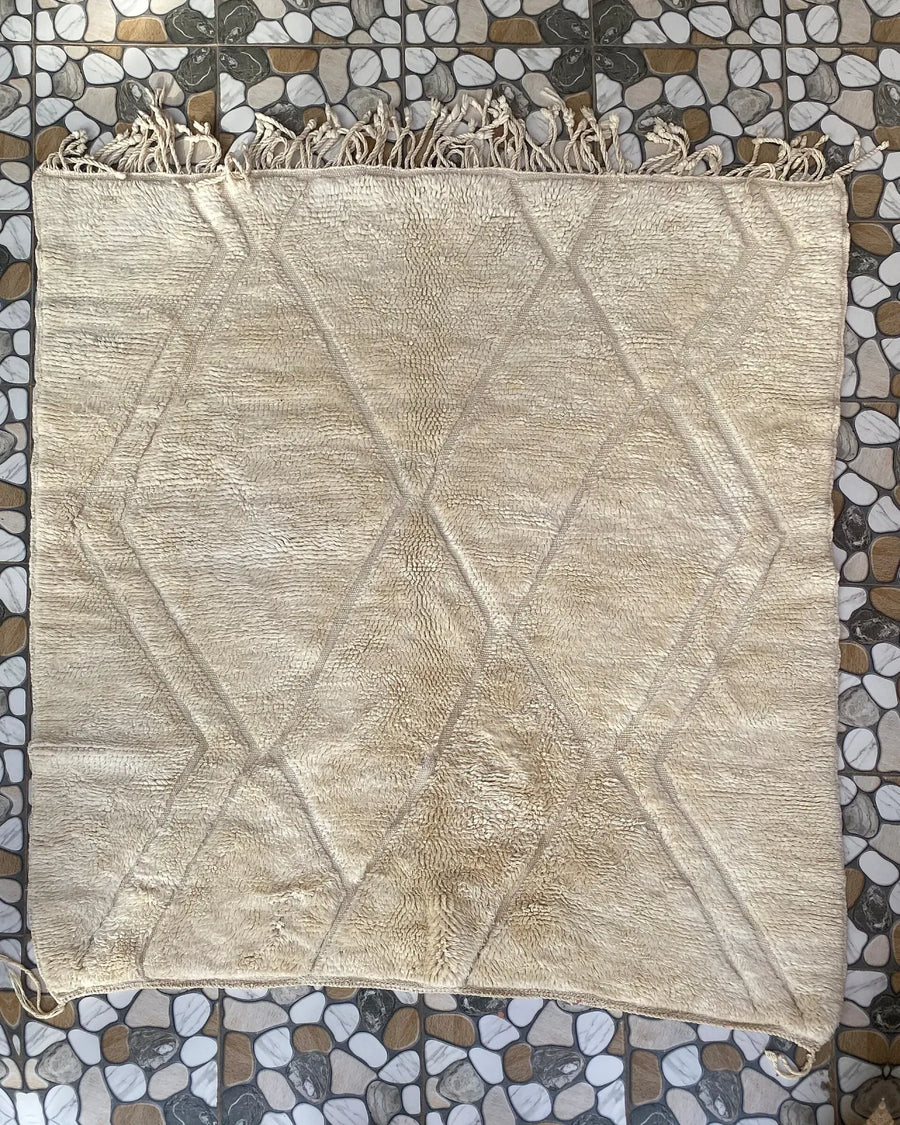 Cream Diamond Relief Beni Ourain Rug, full view laid flat on the workshop floor