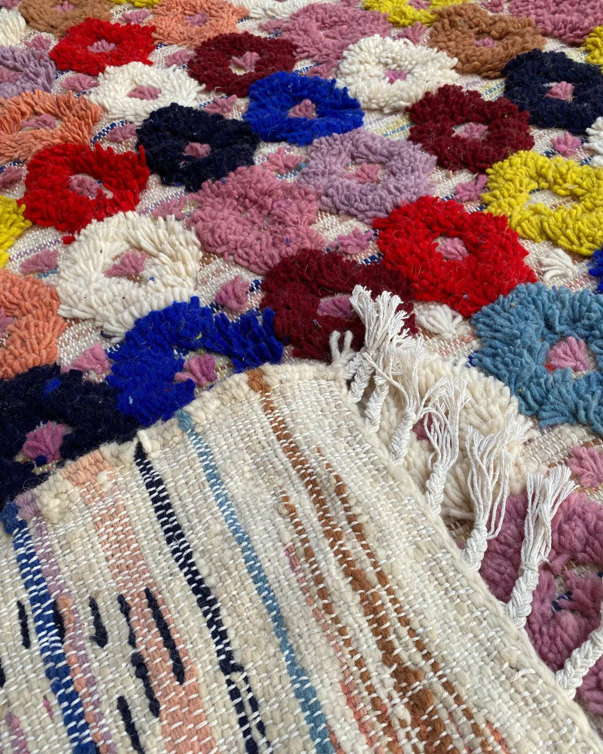 Flower Dot Moroccan Rug, the back of the rug showing the hand-tied knots