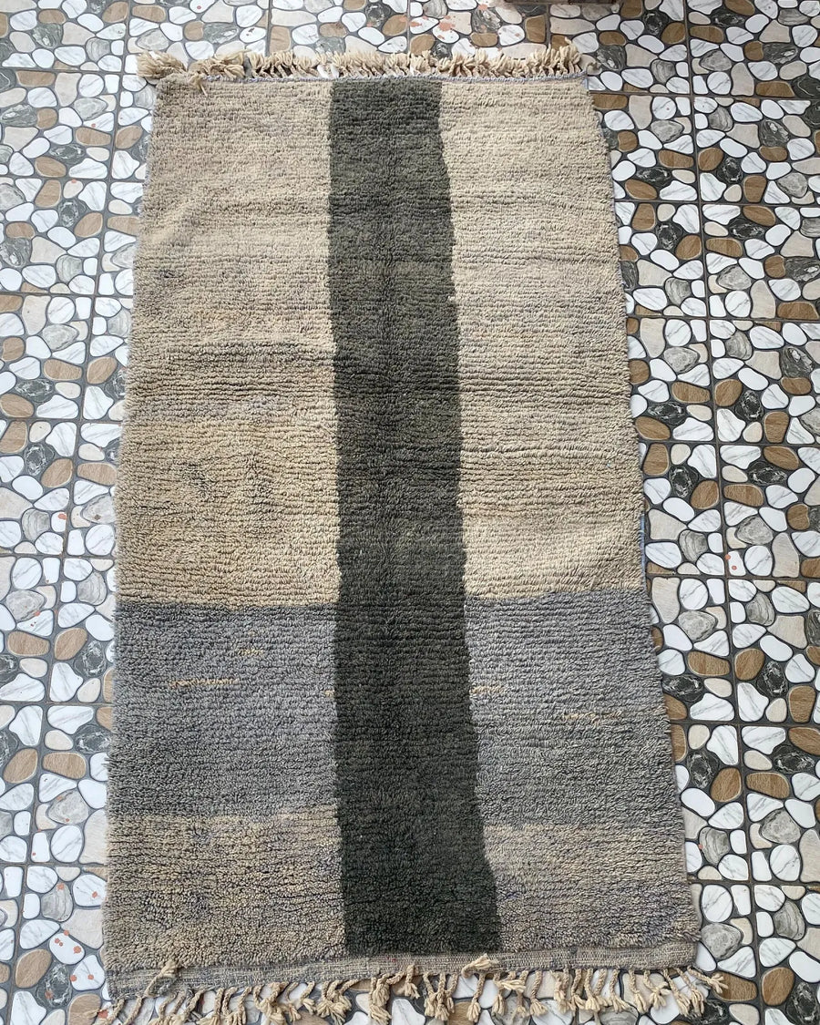 Gray and Charcoal Beni Ourain Rug, full view laid flat on the workshop floor