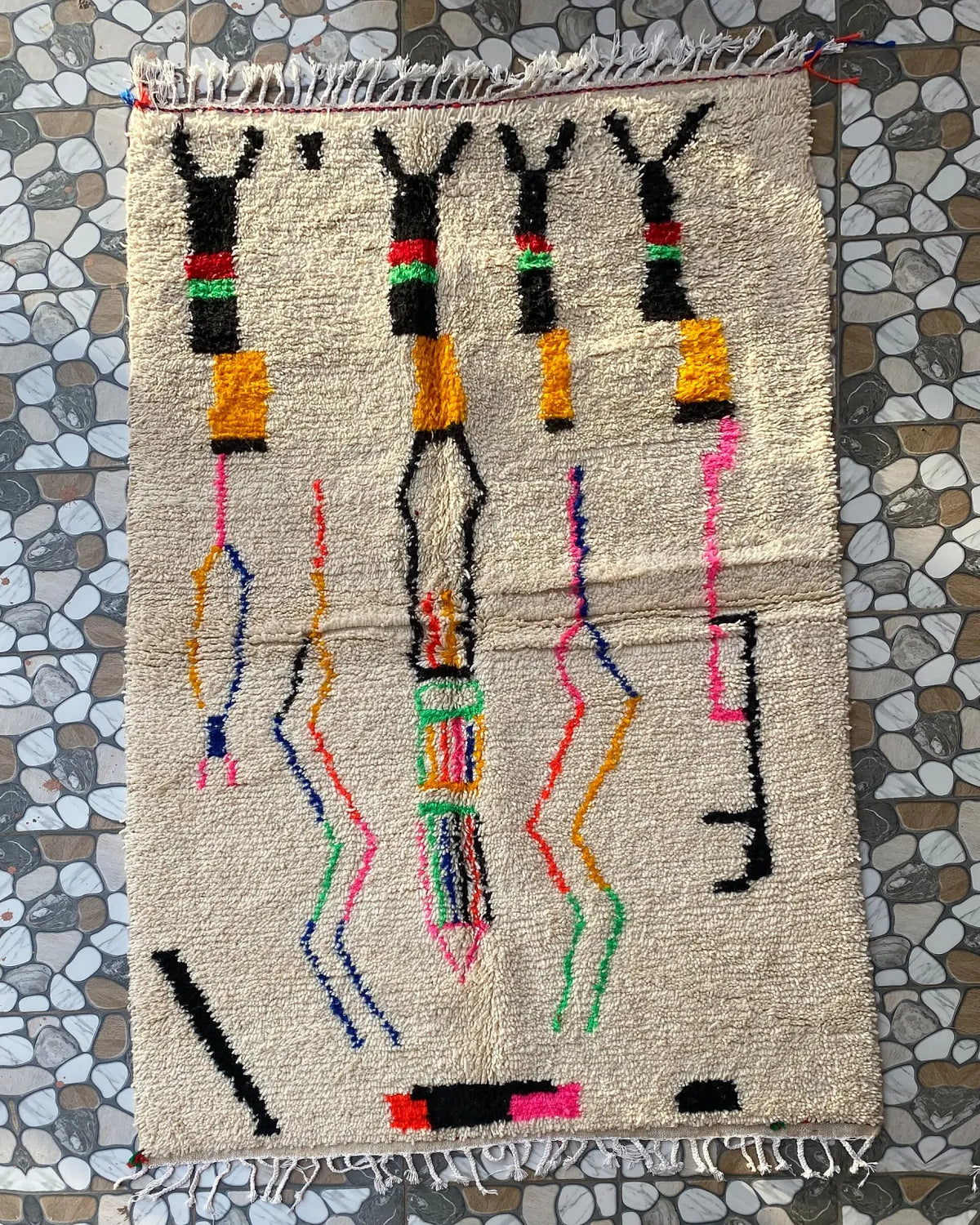 Ivory Line Art Azilal Rug, full view laid flat on the workshop floor