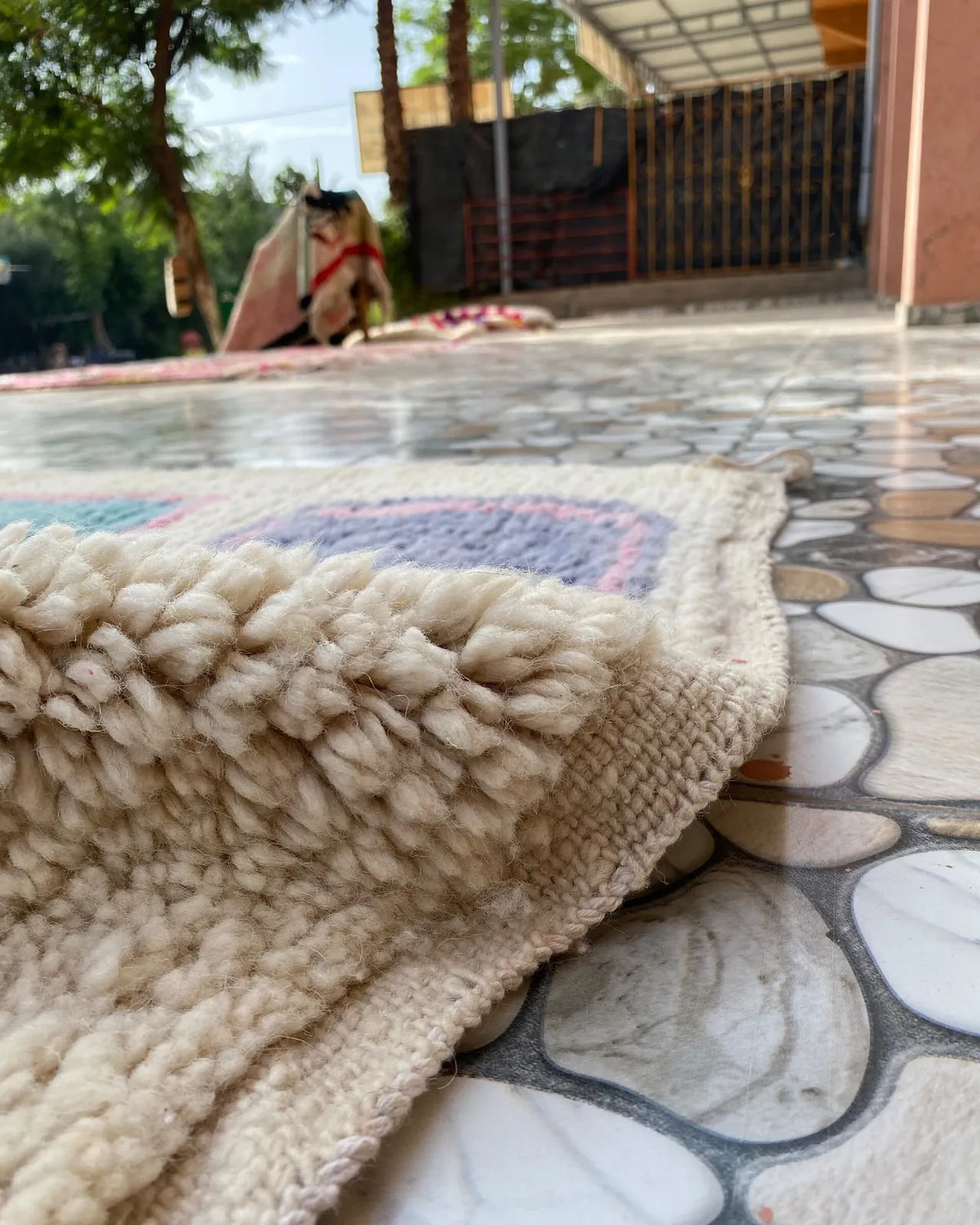 Pastel Square Moroccan Rug, detail of the pile and the woven edge