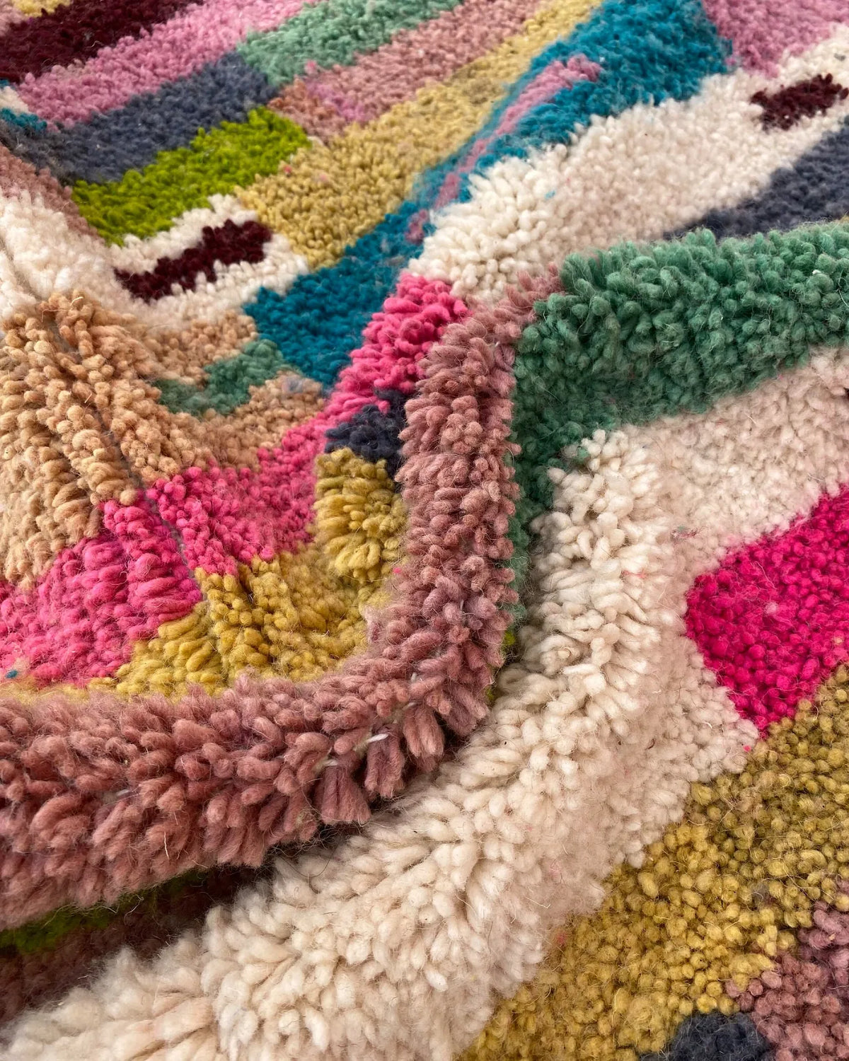 Patchwork Stripe Moroccan Rug, close-up of the hand-knotted wool pile