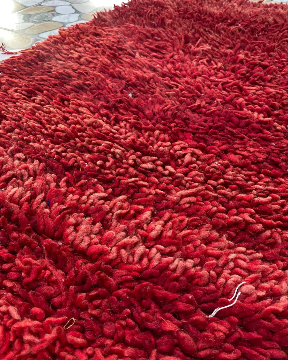 Red Shag Moroccan Runner, close-up of the long red shag