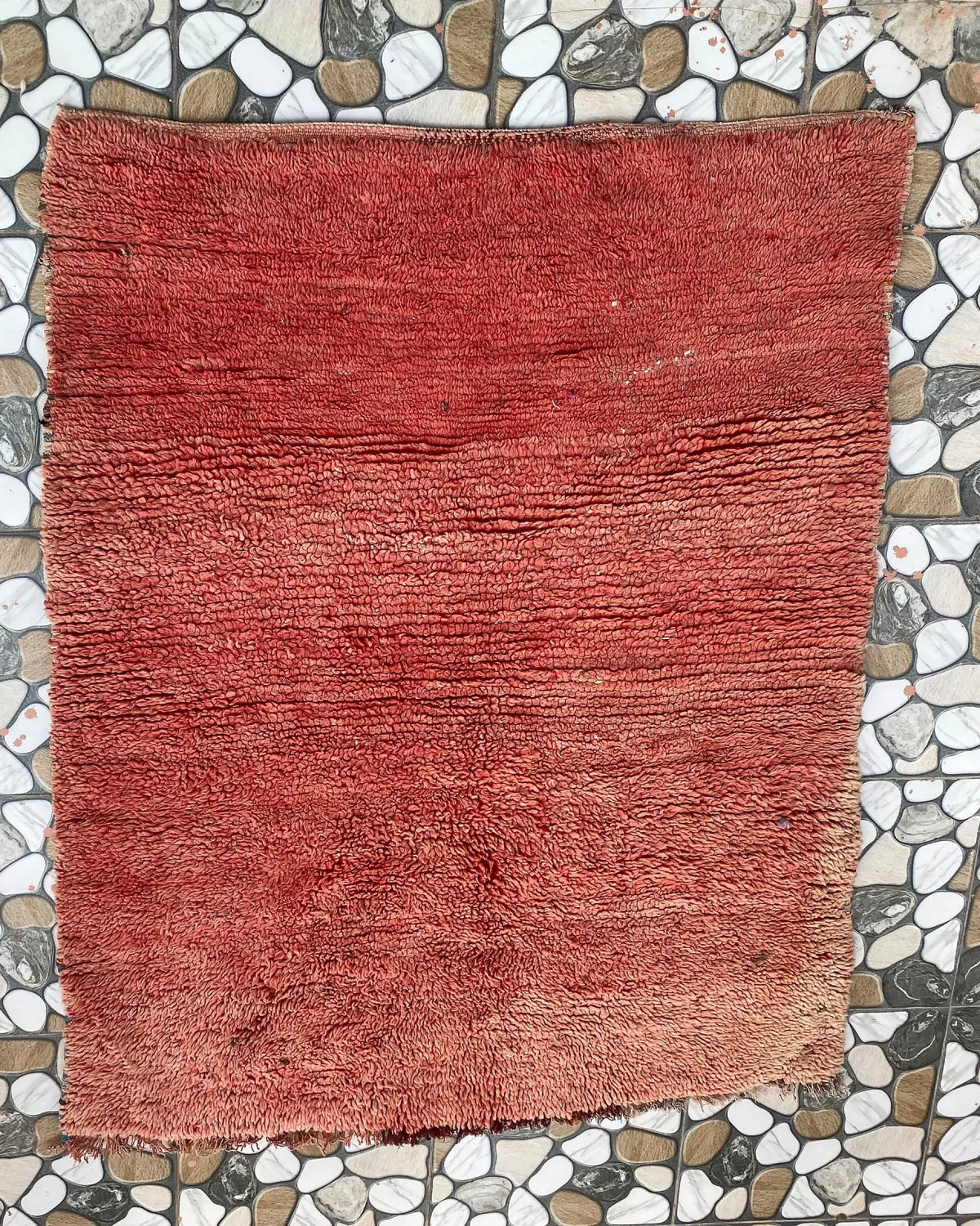 Rust Red Plain Beni Ourain Rug, full view laid flat on the workshop floor