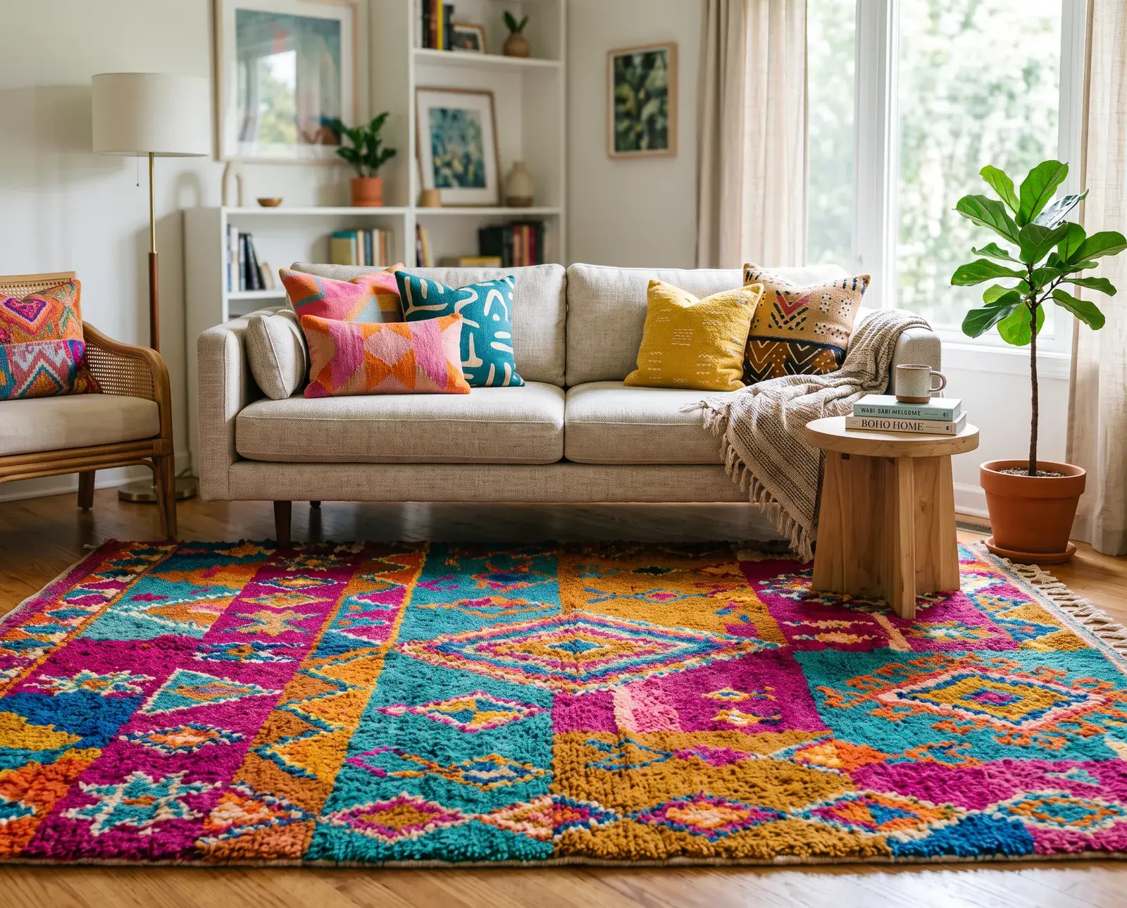 Colorful Moroccan rugs with diamonds and freehand motifs