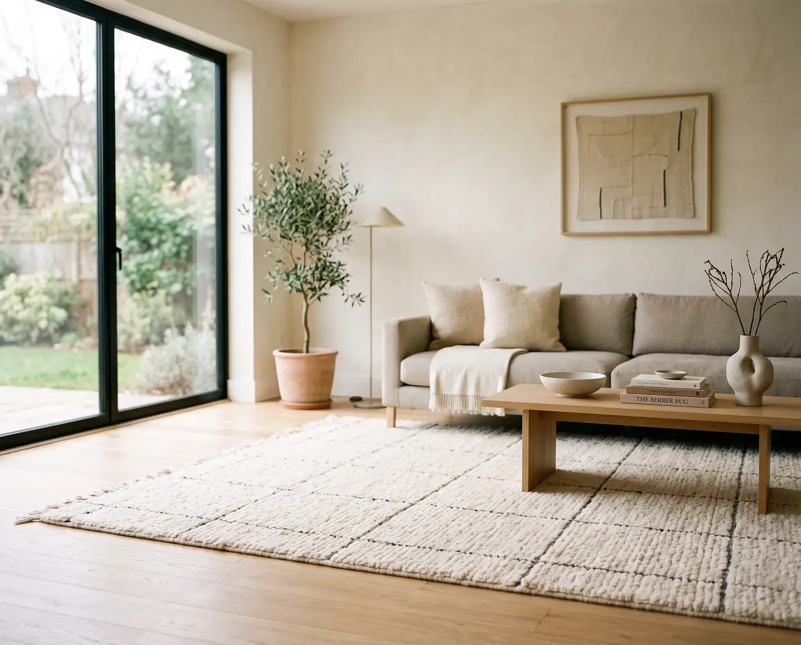 A cream Beni Ourain style rug in a calm, neutral living room
