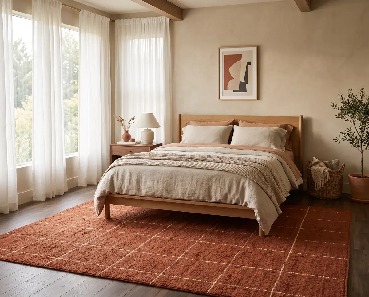 Moroccan rug styled in a bedroom