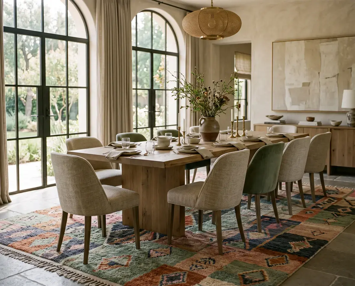 Moroccan rug styled in a dining room