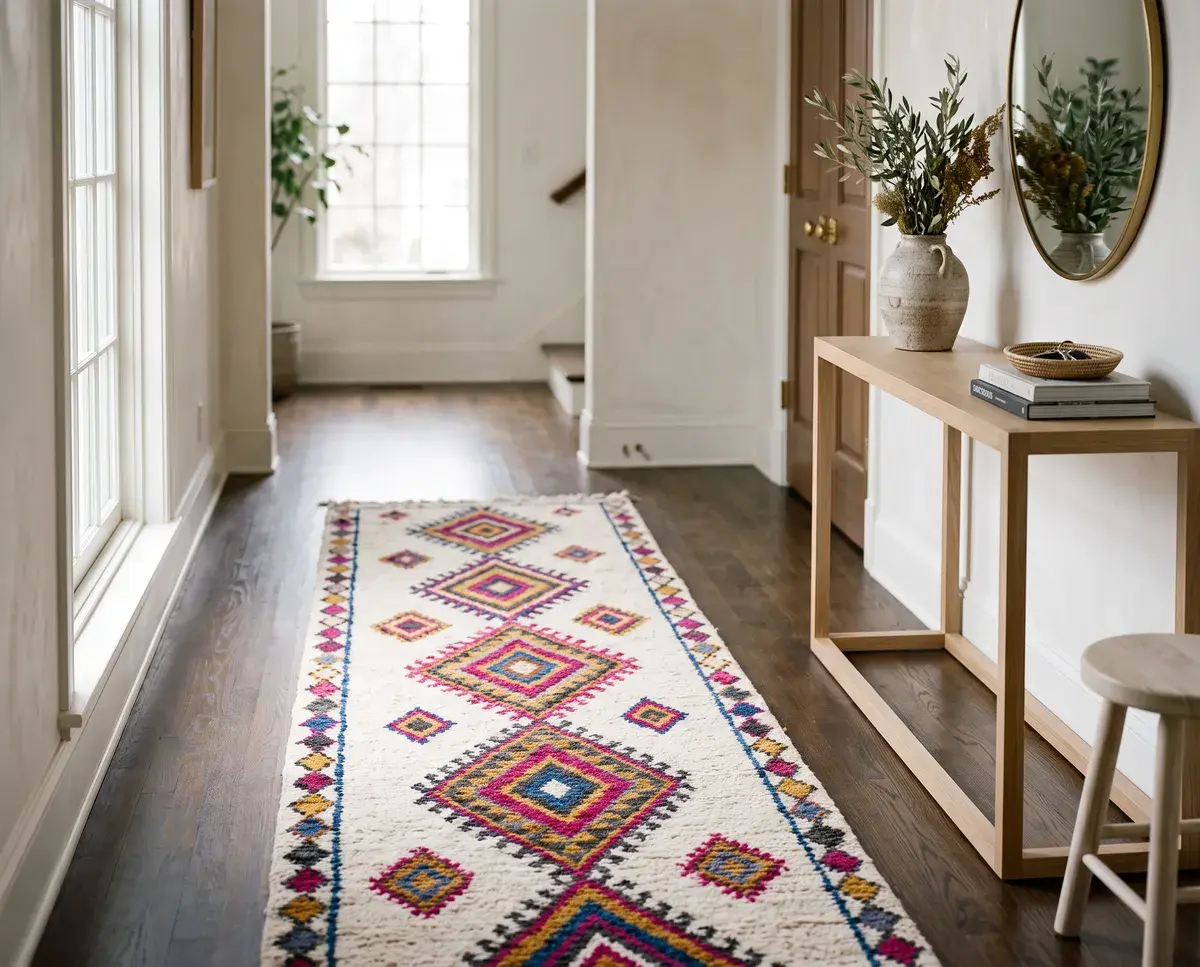 Moroccan rug styled in a entryway