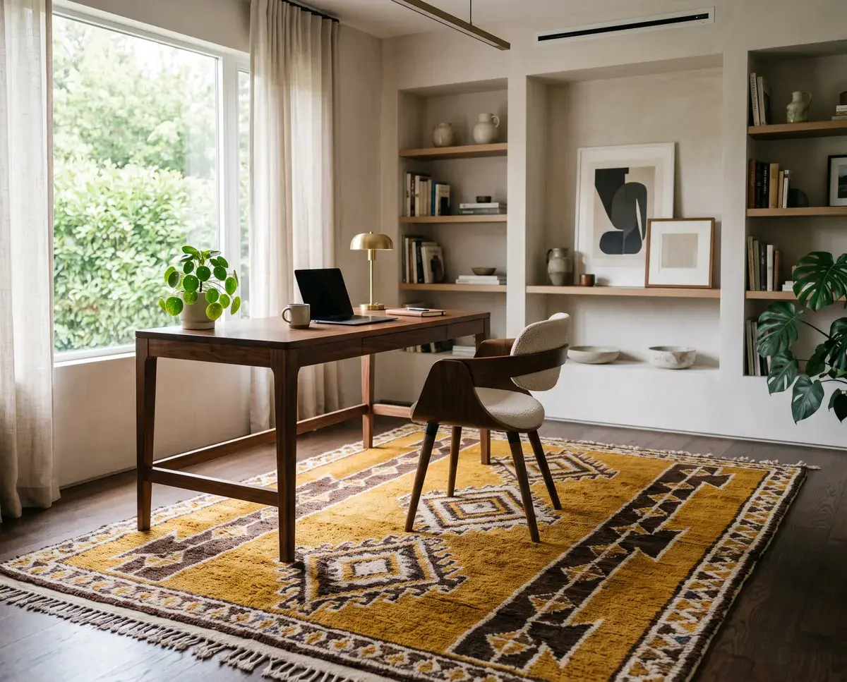 Moroccan rug styled in a home office