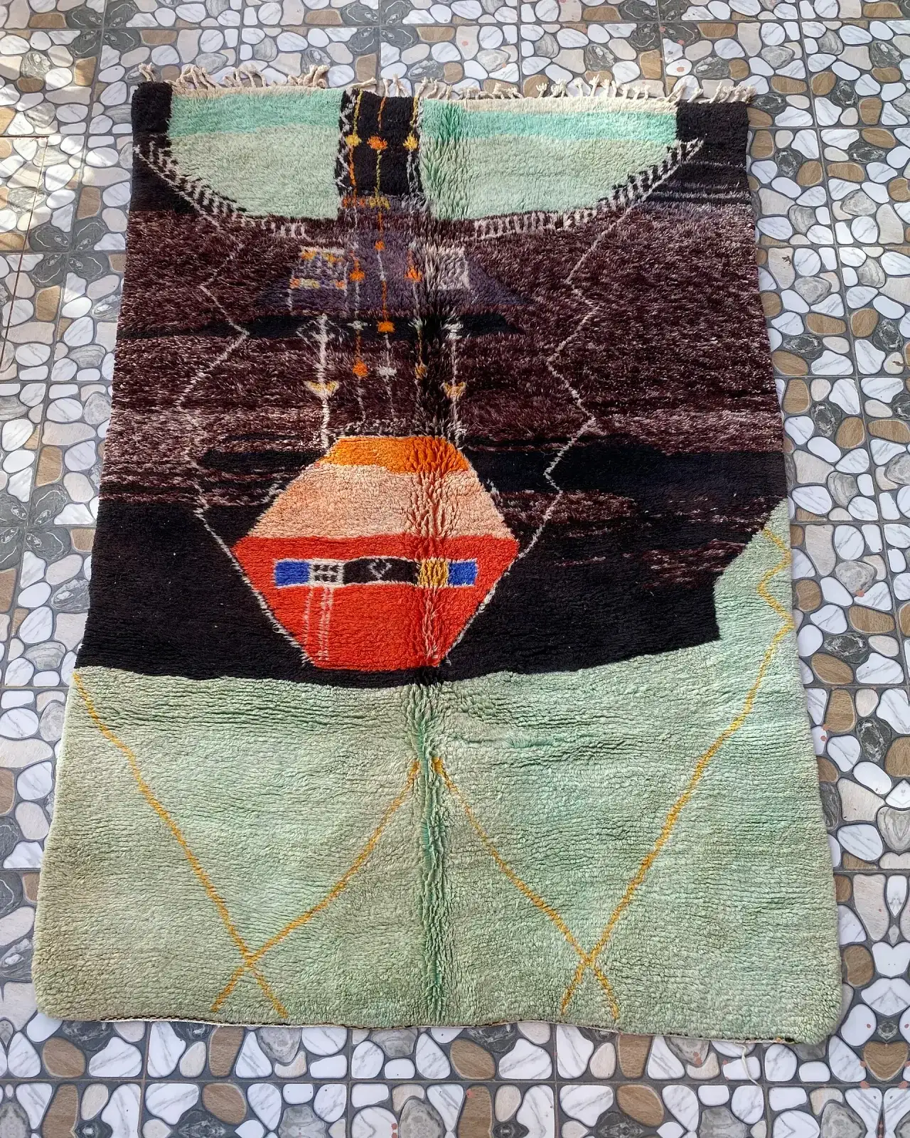 Mint and Plum Abstract Moroccan Rug, full view laid flat on the workshop floor