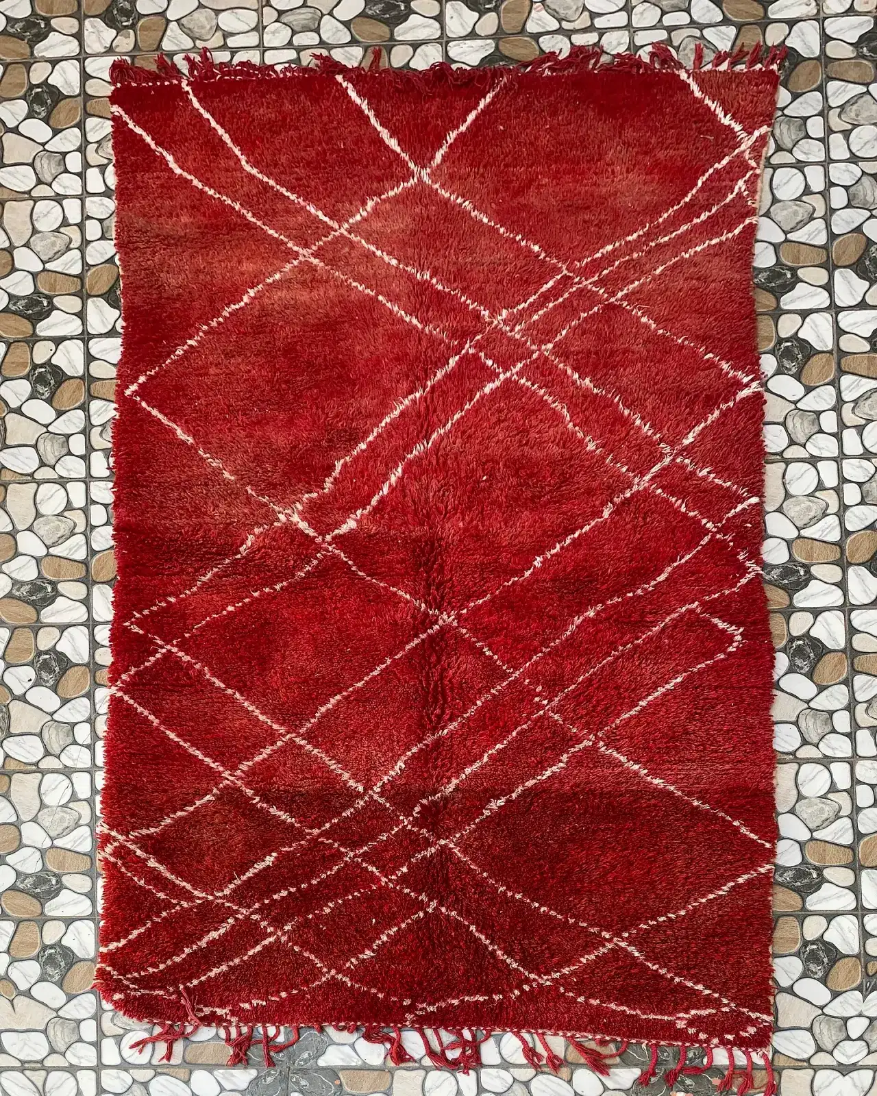 Red Lattice Beni Ourain Rug, full view laid flat on the workshop floor