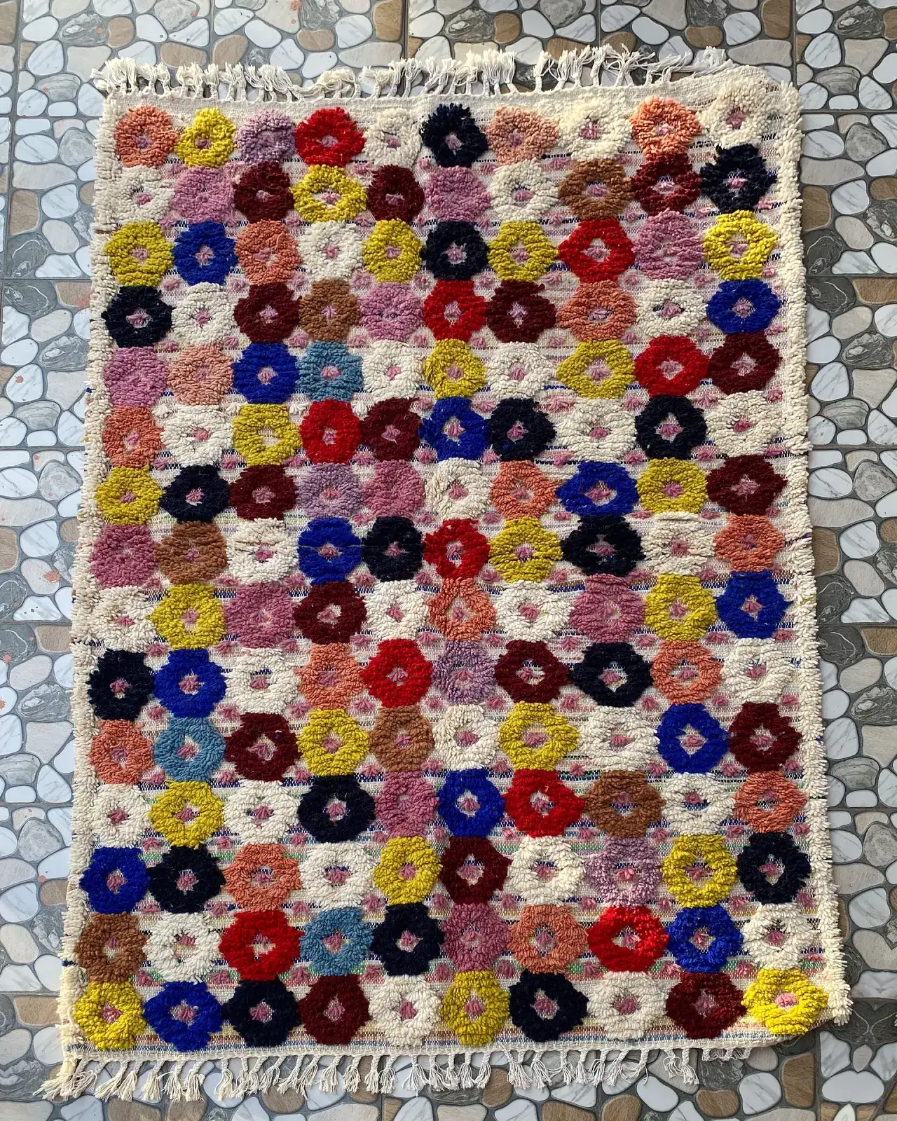 Flower Dot Moroccan Rug, full view laid flat on the workshop floor