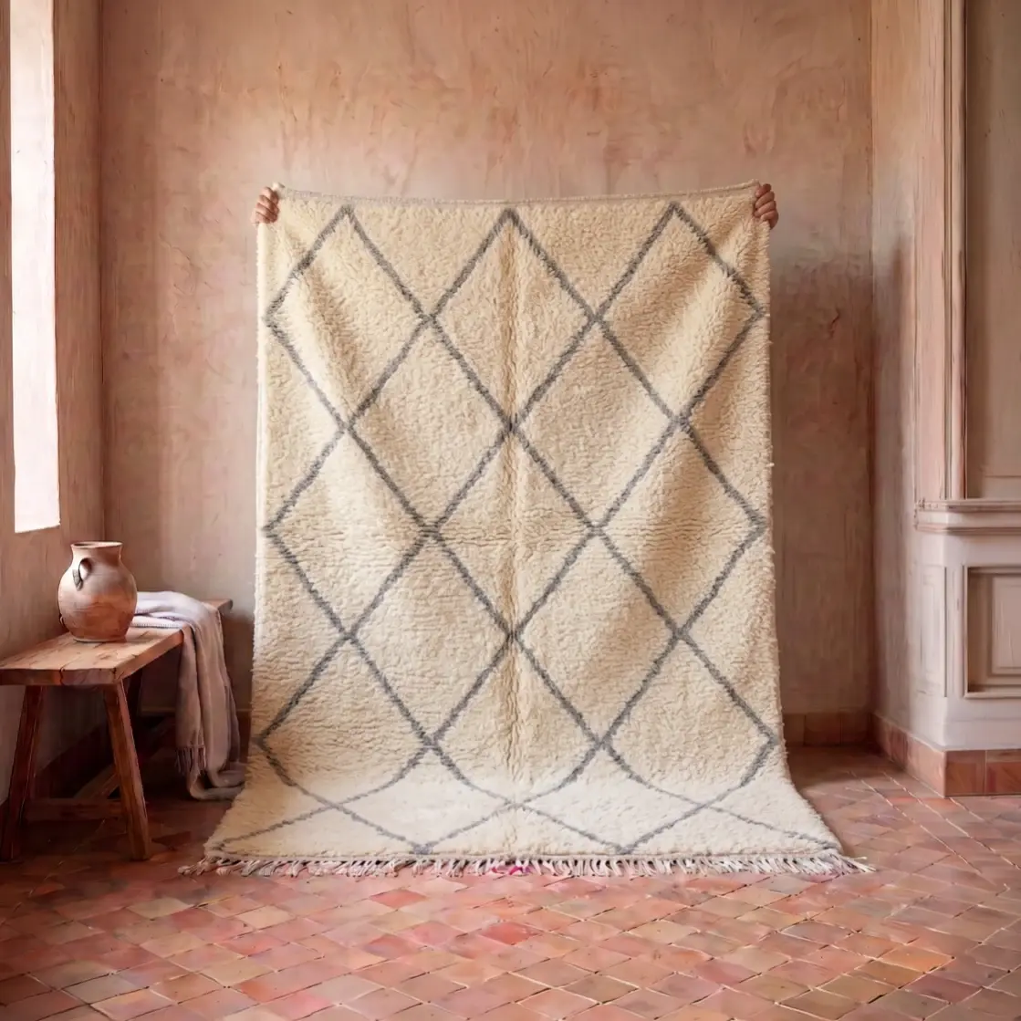 Large ivory and grey Beni Ourain rug, 10x15 hand-knotted wool, grey diamond lattice on ivory wool, top view