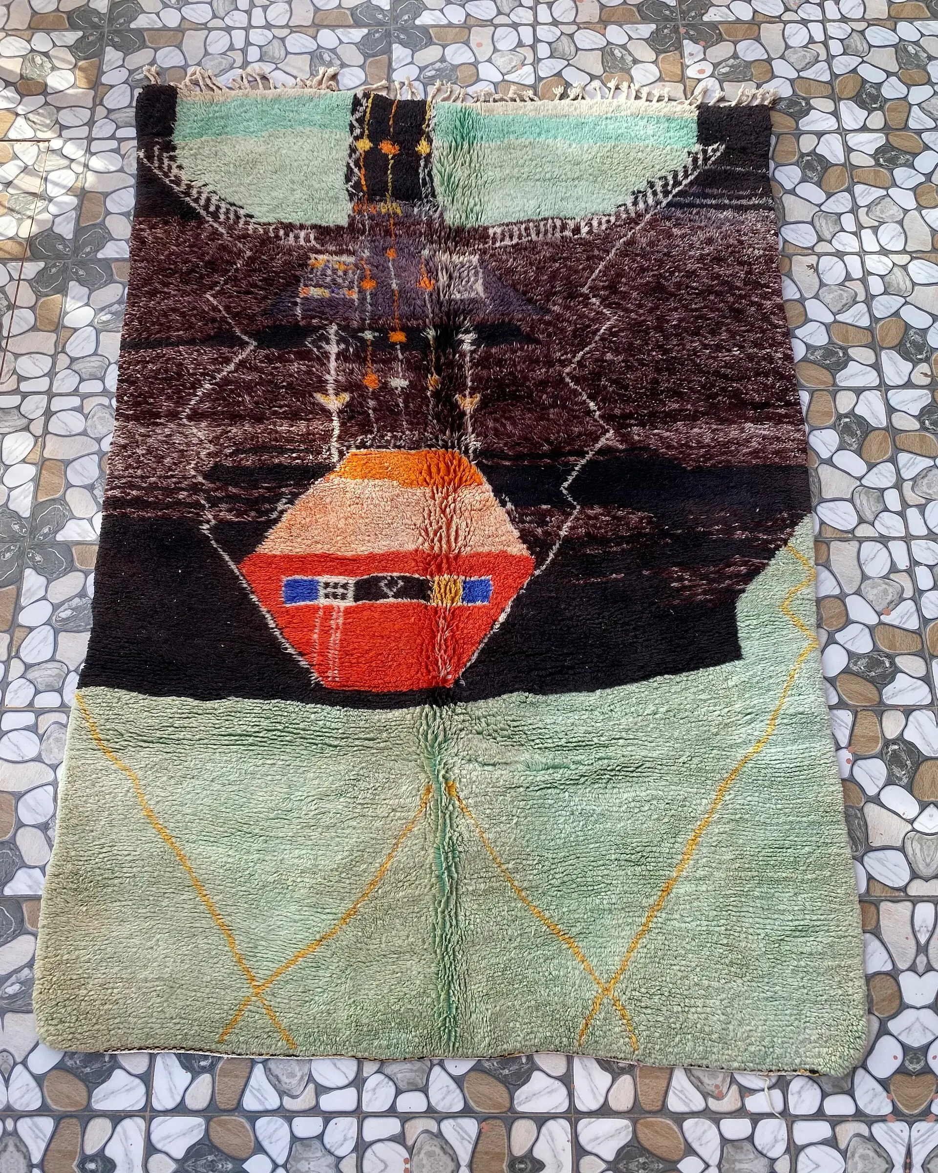 Mint and Plum Abstract Moroccan Rug, full view laid flat on the workshop floor