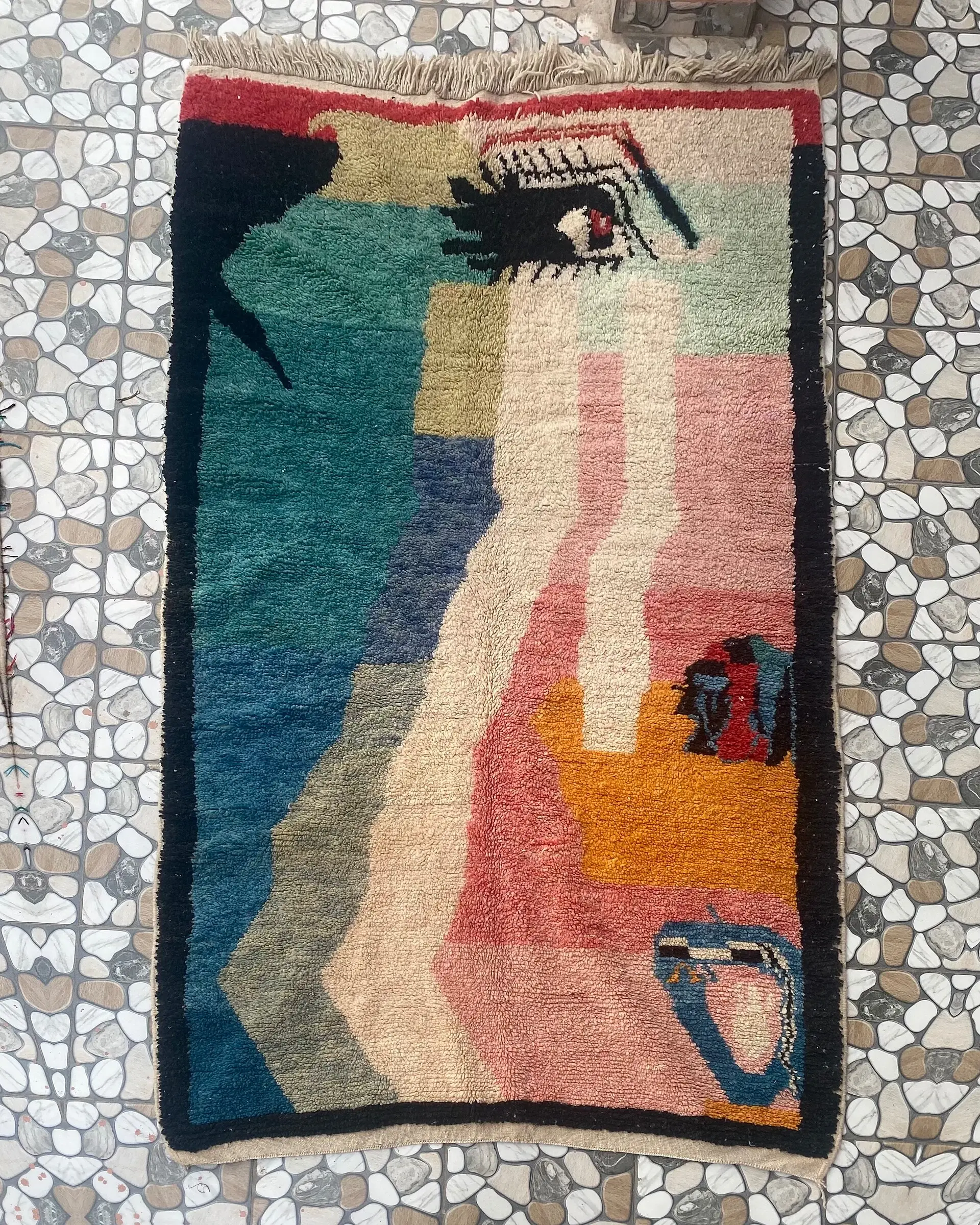 Pastel Abstract Art Moroccan Rug, full view laid flat on the workshop floor