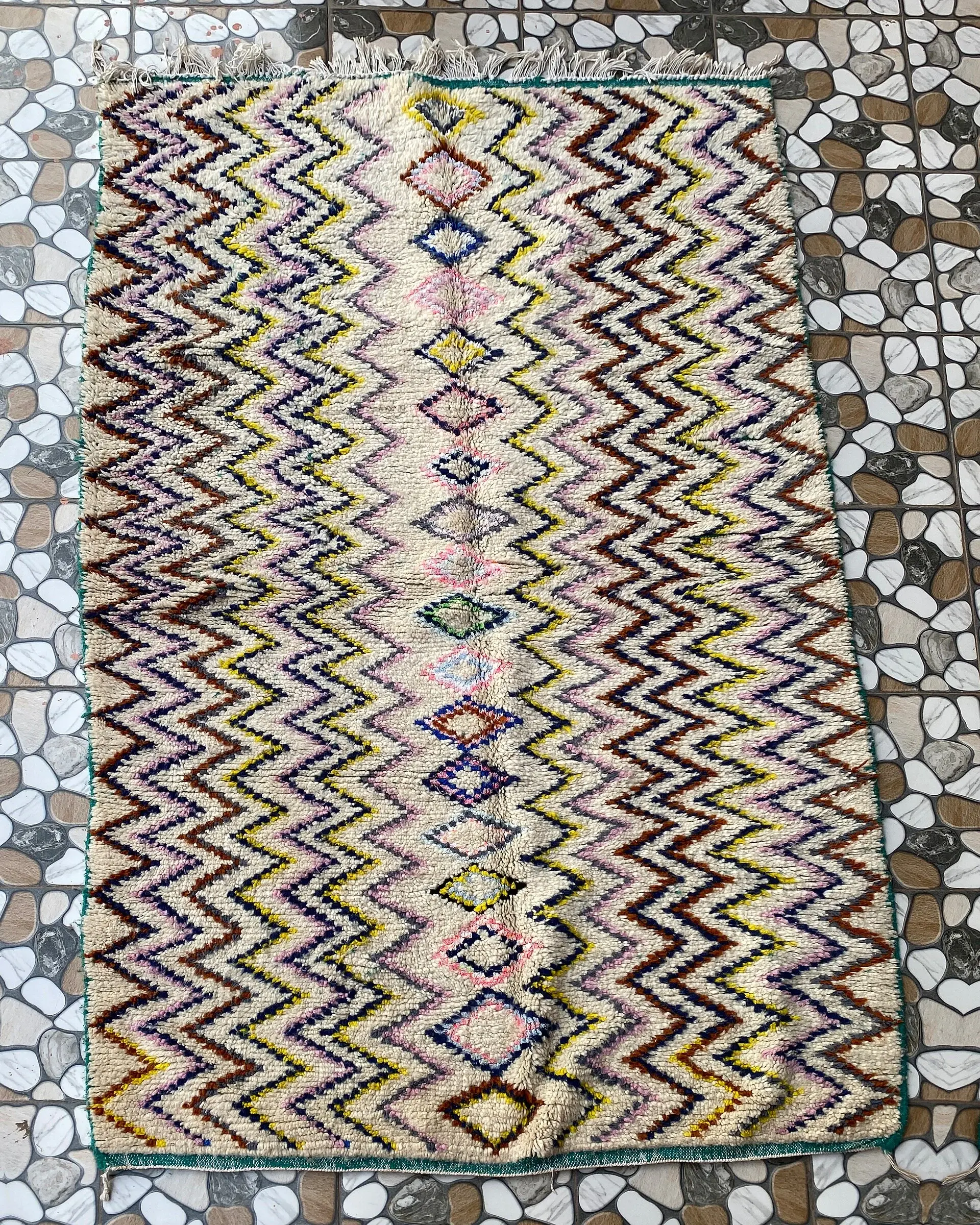 Multicolor Zigzag Moroccan Rug, full view laid flat on the workshop floor