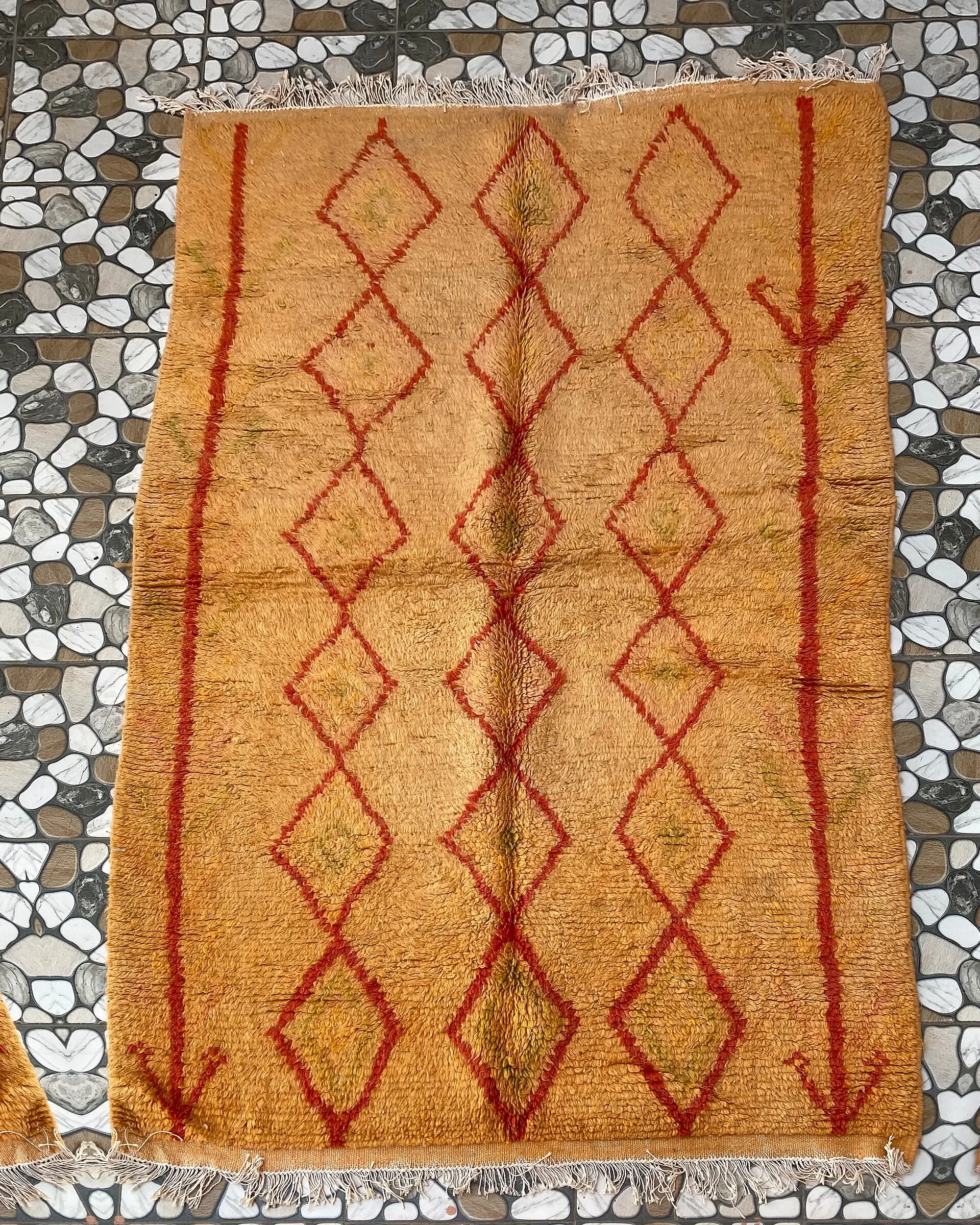 Mustard Yellow Diamond Moroccan Rug, full view laid flat on the workshop floor