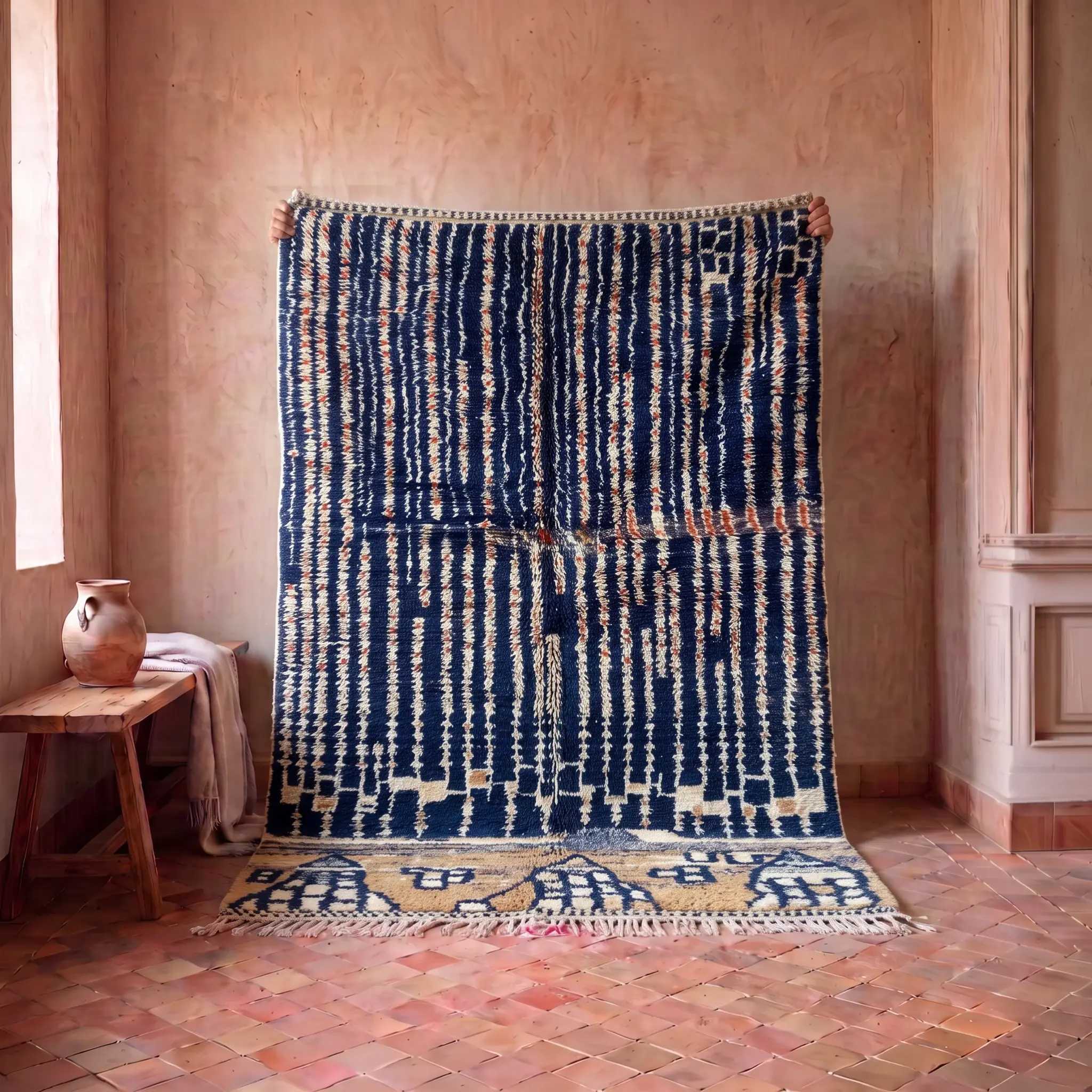 Navy Blue Stripe Moroccan Rug, full view laid flat on the workshop floor
