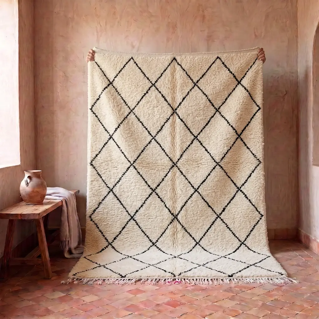 Wool texture of a handmade black and white Beni Ourain rug, natural sheep wool pile
