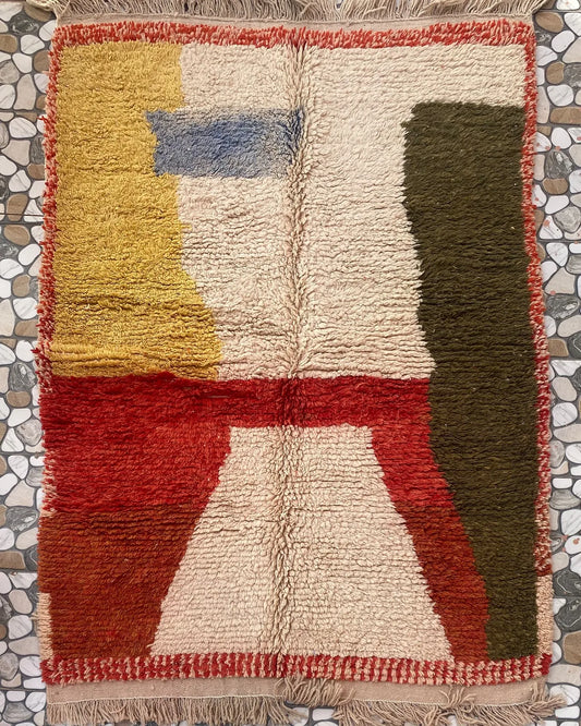 Red and Olive Color Block Moroccan Rug, full view laid flat on the workshop floor