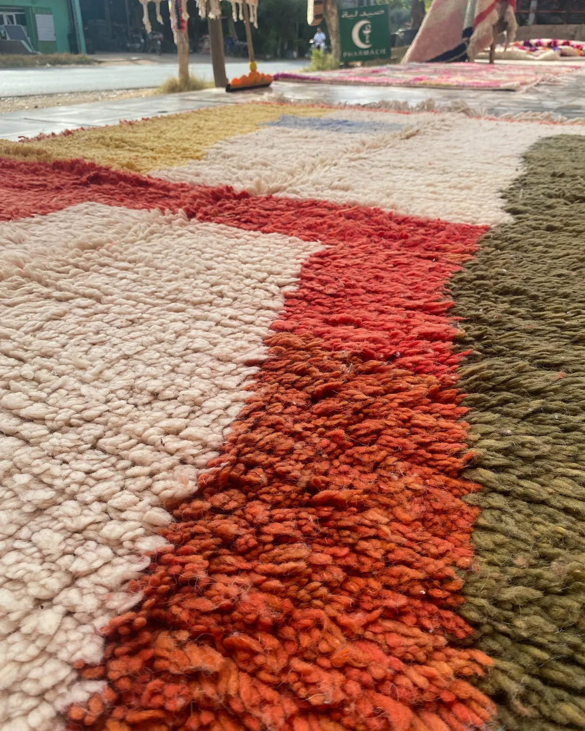 Red and Olive Color Block Moroccan Rug, close-up of the pattern in the wool