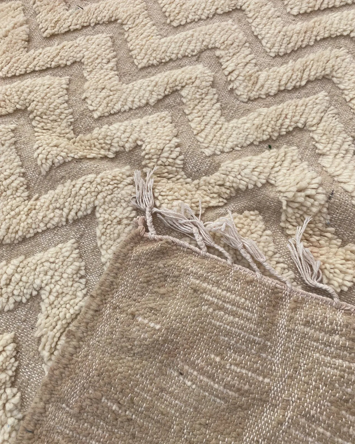 Cream Chevron Beni Ourain Rug, the back of the rug showing the hand-tied knots