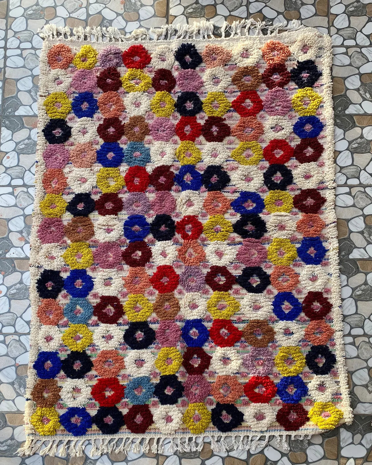 Flower Dot Moroccan Rug, full view laid flat on the workshop floor
