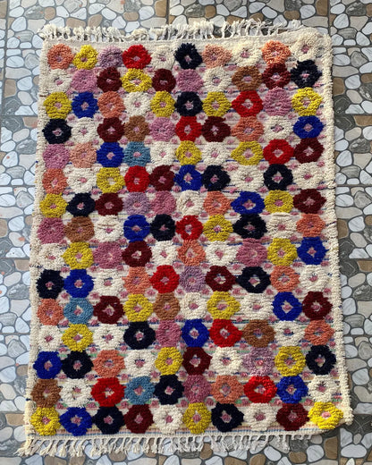 Flower Dot Moroccan Rug, full view laid flat on the workshop floor