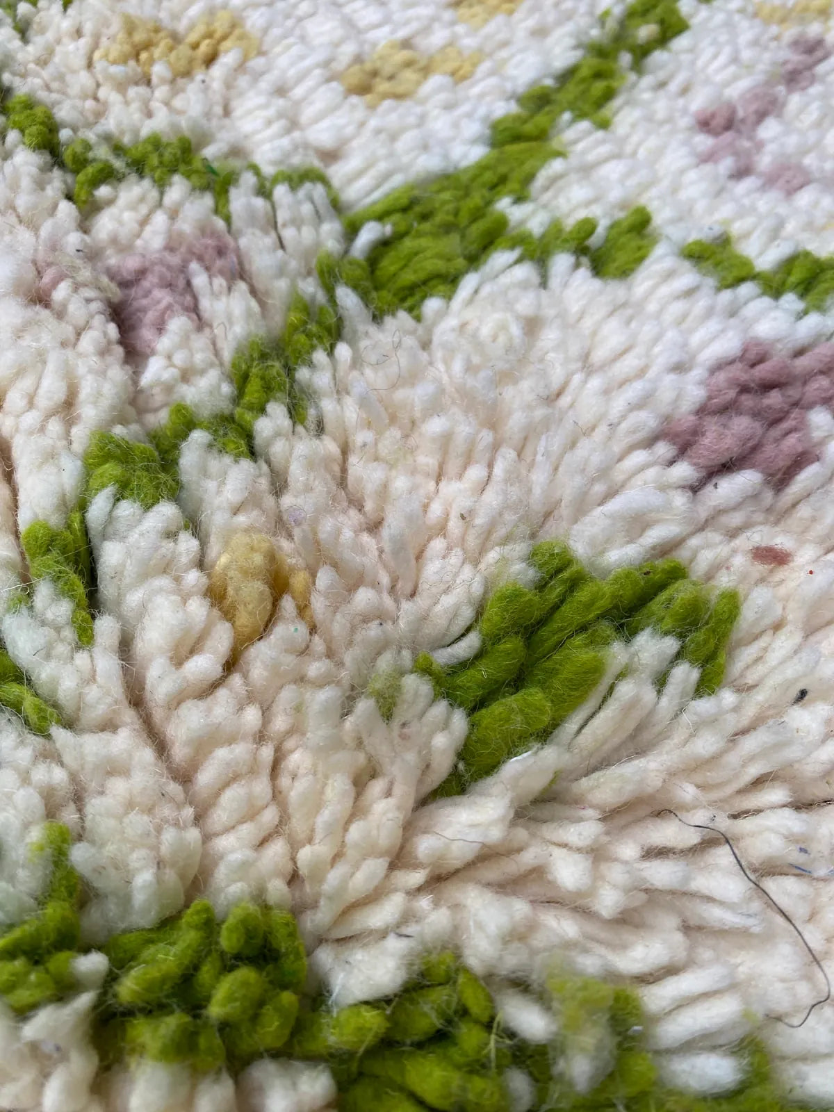Green Lattice Beni Ourain Rug, close-up of the thick hand-knotted wool pile