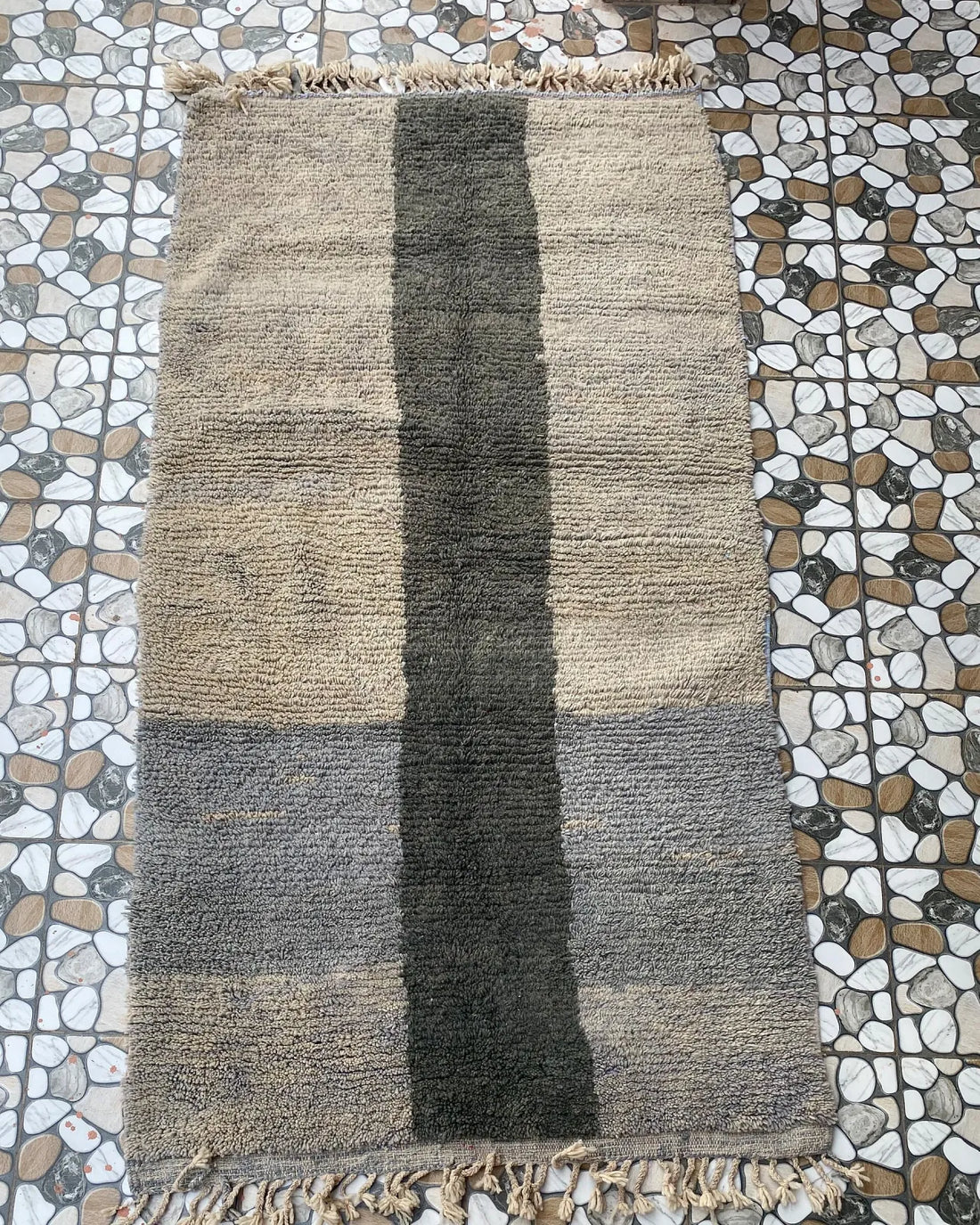 Gray and Charcoal Beni Ourain Rug, full view laid flat on the workshop floor