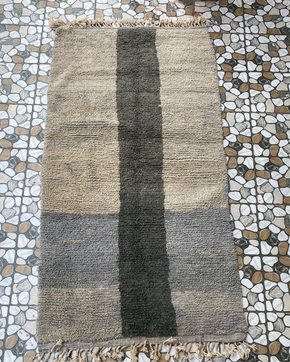 Gray and Charcoal Beni Ourain Rug, full view laid flat on the workshop floor