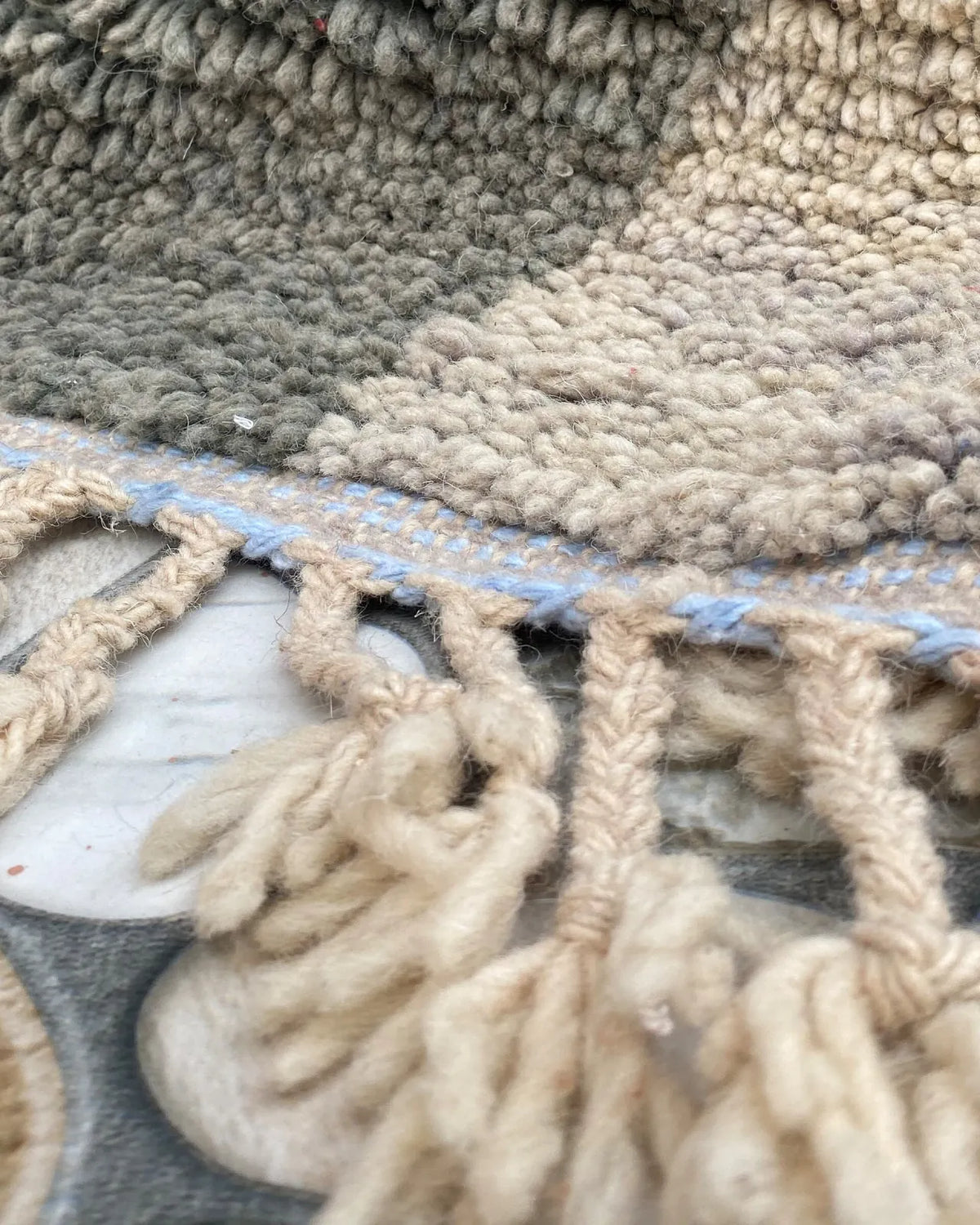 Gray and Charcoal Beni Ourain Rug, close-up of the hand-knotted wool pile
