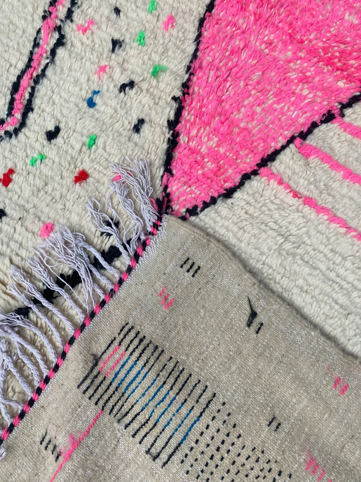 Hot Pink and Ivory Azilal Rug, the back of the rug showing the hand-tied knots