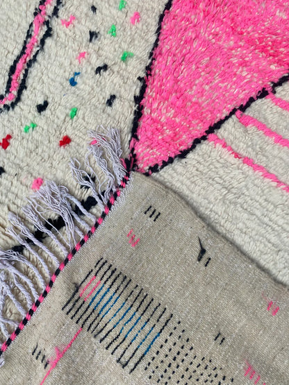 Hot Pink and Ivory Azilal Rug, the back of the rug showing the hand-tied knots