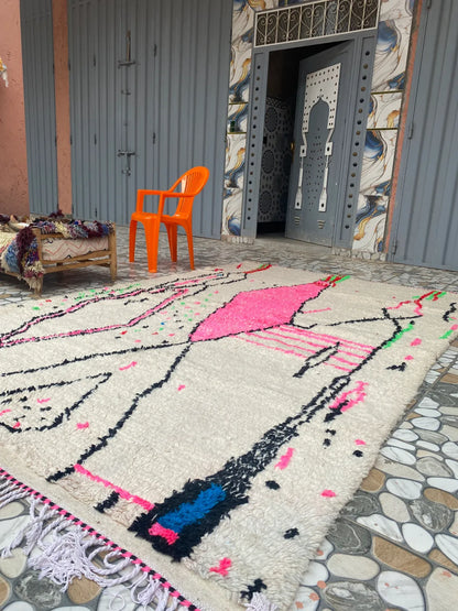 Hot Pink and Ivory Azilal Rug, laid flat on the workshop floor