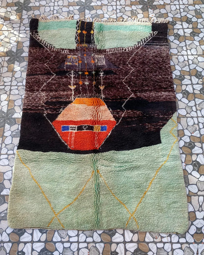 Mint and Plum Abstract Moroccan Rug, full view laid flat on the workshop floor