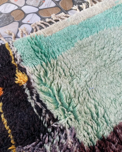 Mint and Plum Abstract Moroccan Rug, detail of the colors up close