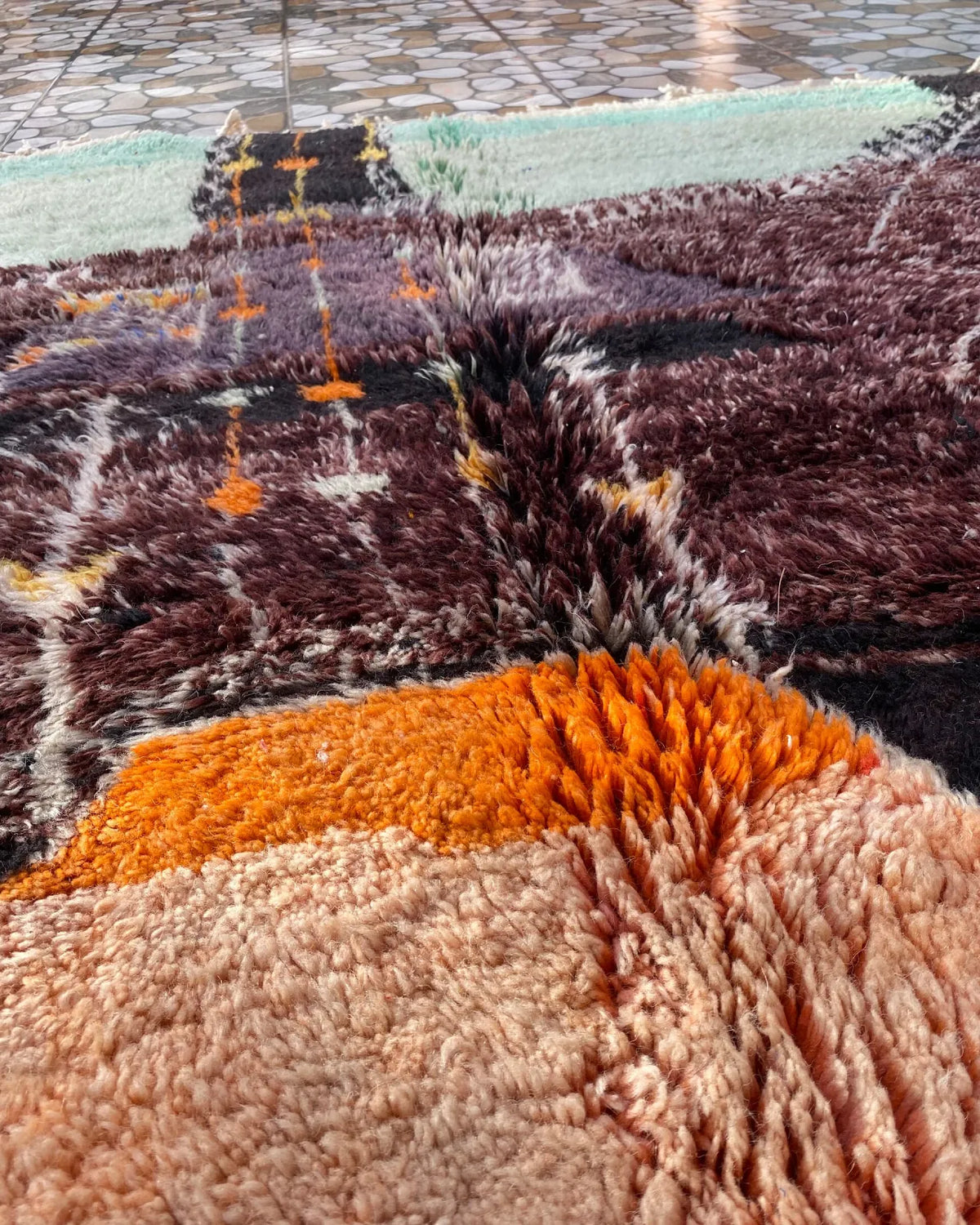 Mint and Plum Abstract Moroccan Rug, close-up of the hand-knotted wool pile
