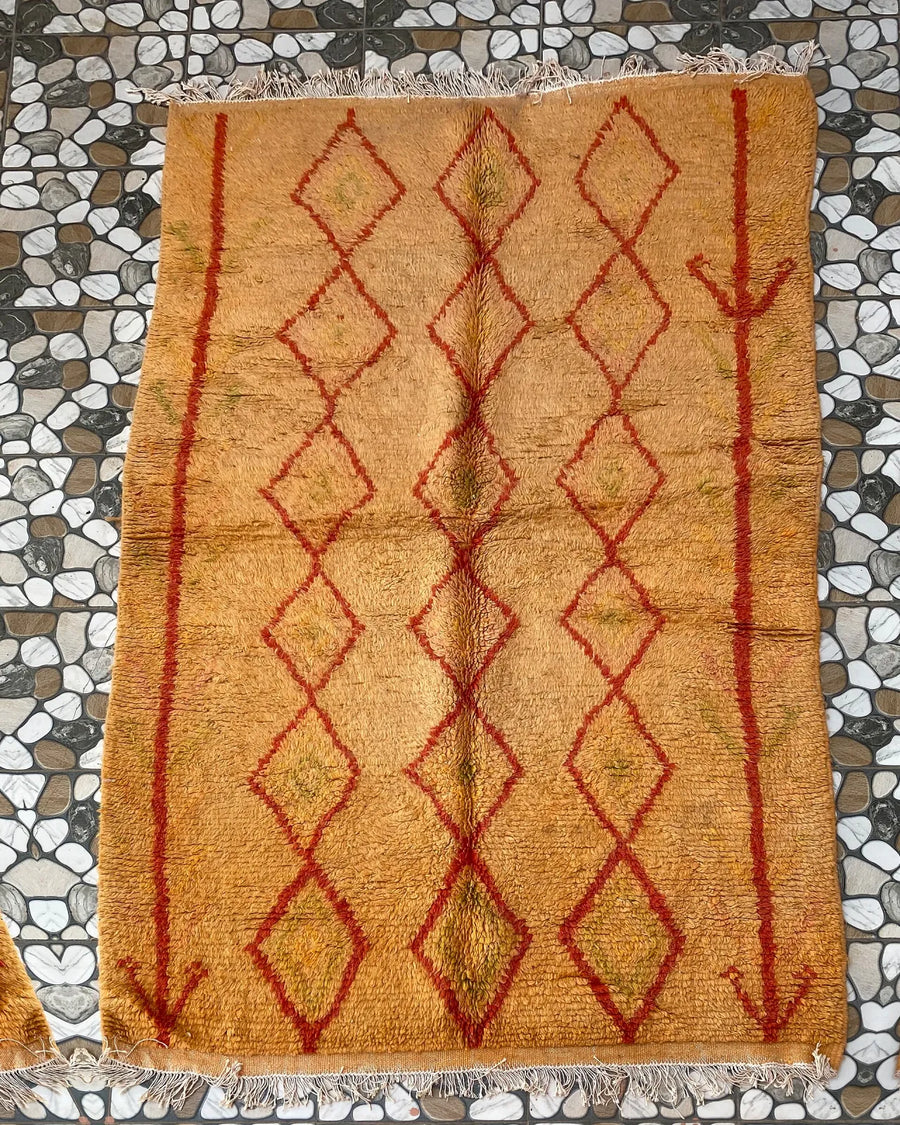 Mustard Yellow Diamond Moroccan Rug, full view laid flat on the workshop floor