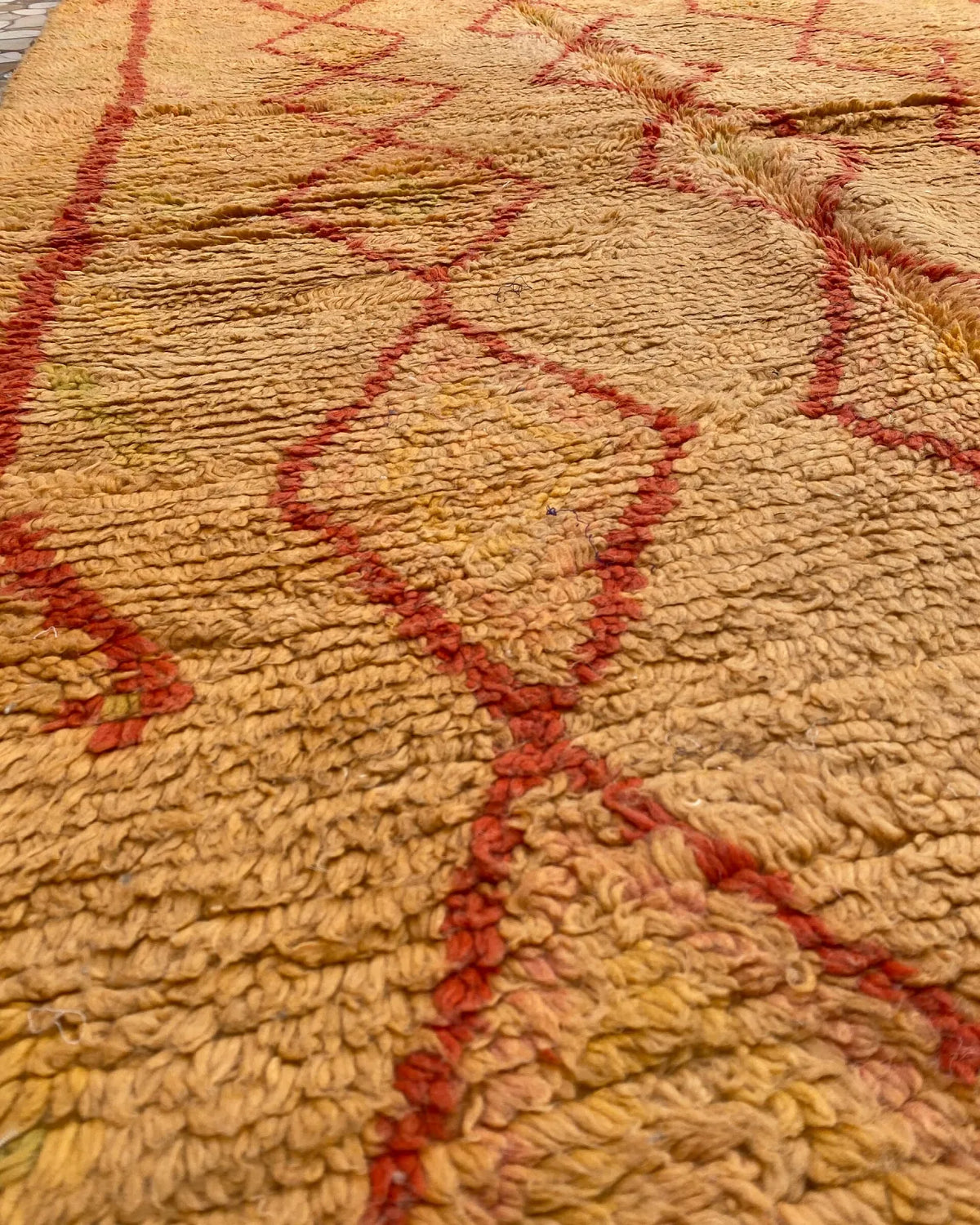 Mustard Yellow Diamond Moroccan Rug, close-up of the pattern in the wool