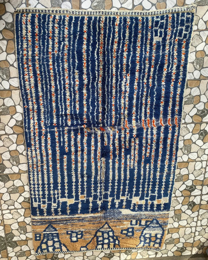 Navy Blue Stripe Moroccan Rug, full view laid flat on the workshop floor