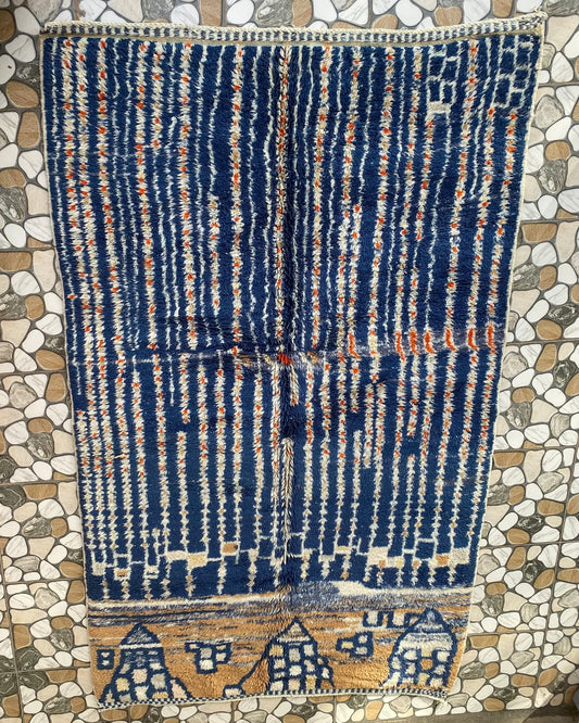 Navy Blue Stripe Moroccan Rug, full view laid flat on the workshop floor