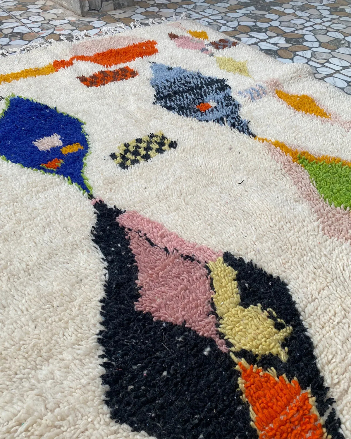 Painted Diamond Azilal Rug, close-up of the hand-knotted wool pile