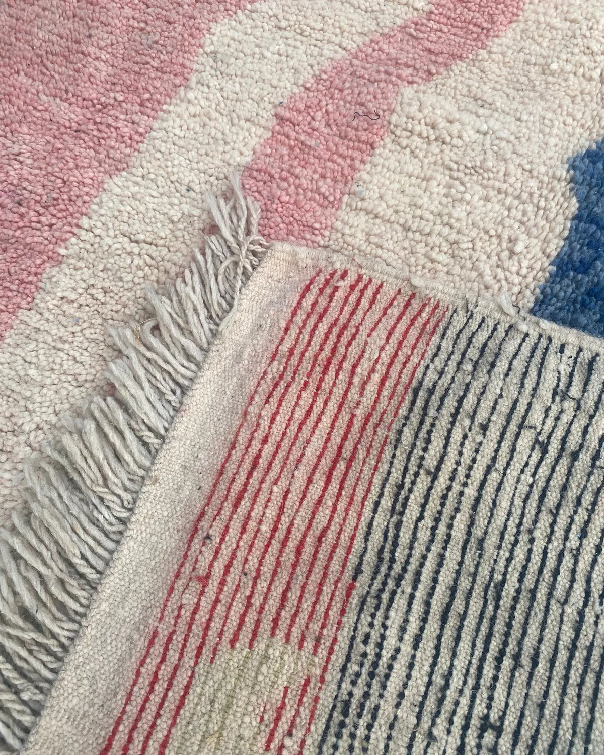 Pastel Abstract Art Moroccan Rug, the back of the rug showing the hand-tied knots