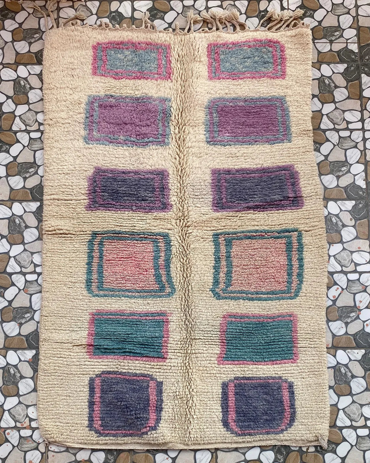 Pastel Square Moroccan Rug, full view laid flat on the workshop floor