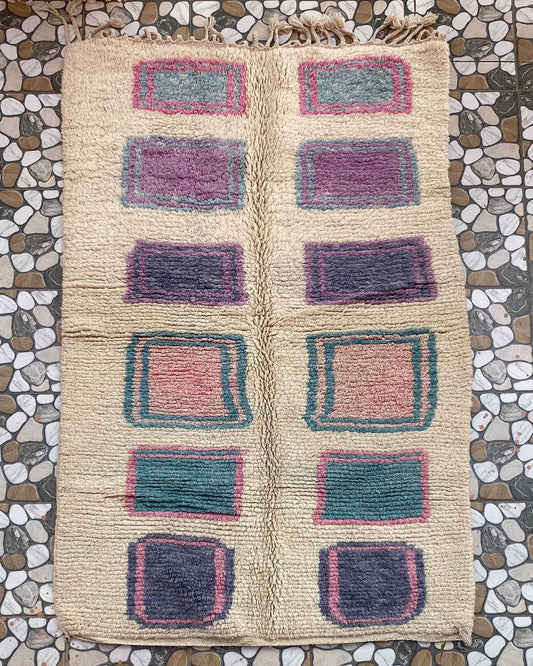 Pastel Square Moroccan Rug, full view laid flat on the workshop floor