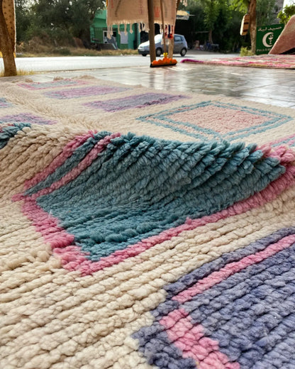 Pastel Square Moroccan Rug, close-up of the hand-knotted wool pile